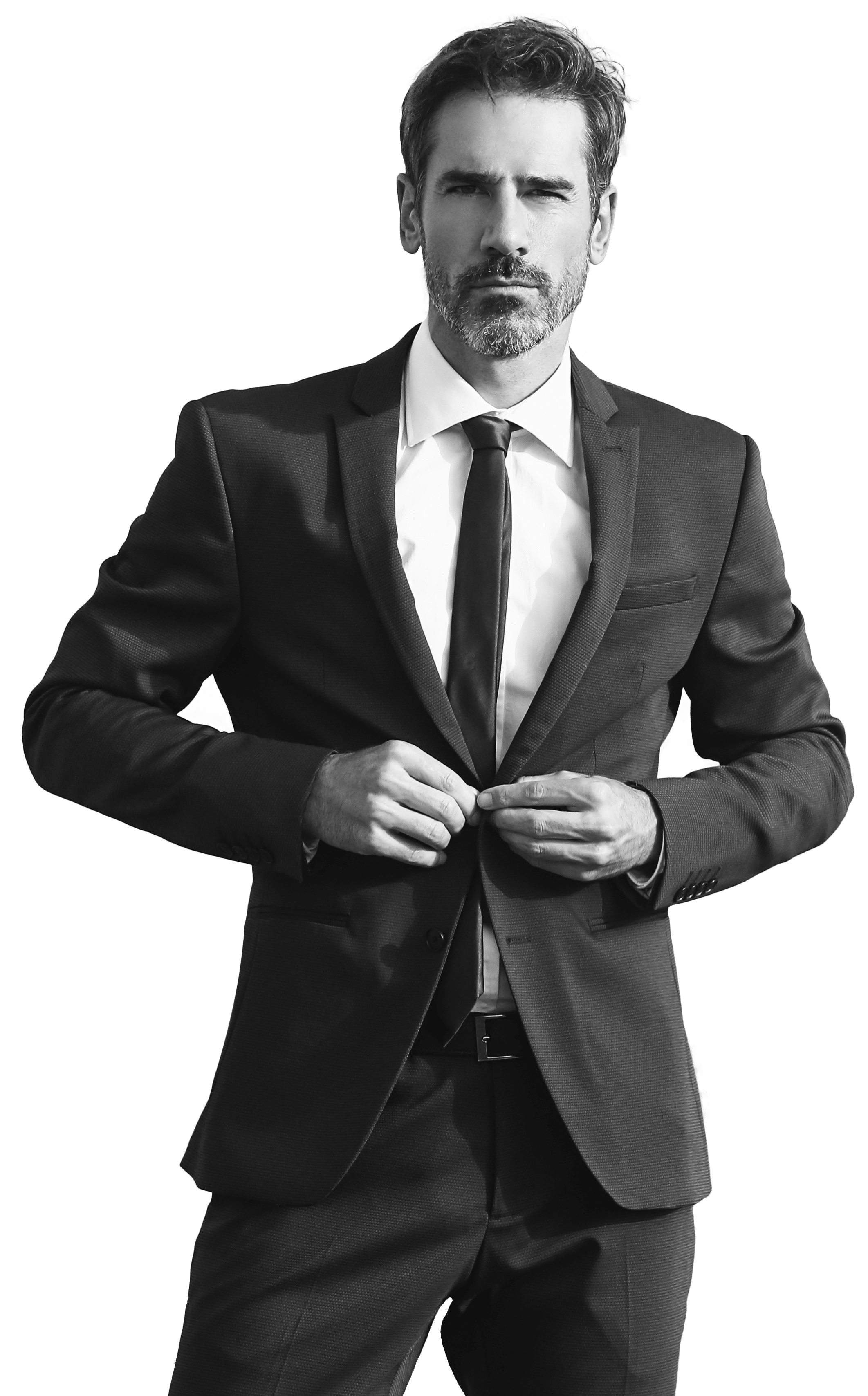portrait noir et blannc détouré Gilles Couturier modèle homme indépendant boutonnant sa veste de costume